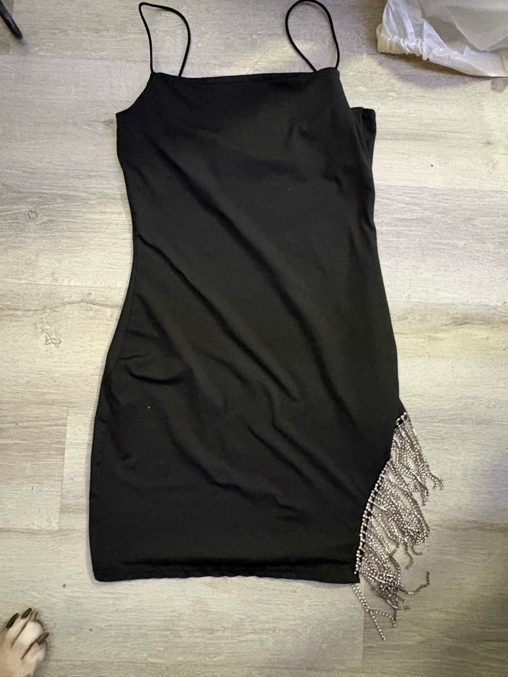 Black Spaghetti Strap Dress with Rhinestone Fringe